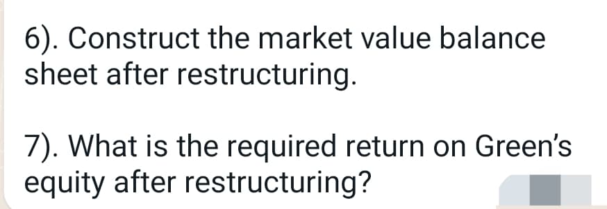 6). Construct the market value balance
sheet after restructuring.
7). What is the required return on Green's
equity after restructuring?