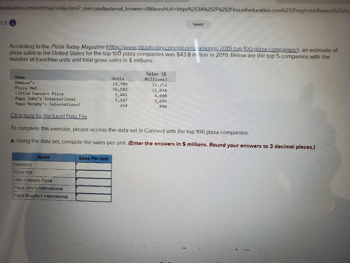 aheducation.com/ext/map/index.html?_con3con&external_browser3D0&launchUrl=https%253A%252F%252Flms.mheducation.com%252Fmghmiddleware%252Fm
t2
Saved
According to the Pizza Today Magazine (https://www.pizzatoday.com/pizzeria rankings/2019-top-100-pizza-companies/), an estimate of
pizza sales in the United States for the top 100 pizza companies was $43.8 million in 2019. Below are the top 5 companies with the
number of franchise units and total gross sales in $ millions.
Sales ($
Millions)
12,252
12,034
4,000
Name
Units
Domino's
14,709
Pizza Hut
Little Caesars Pizza
Papa John's International
Papa Murphy's International
16,582
5,445
5,147
3,695
264
840
Click here for the Excel Data File
To complete this exercise, please access the data set in Connect with the top 100 pizza companies.
a. Using the data set, compute the sales per unit. (Enter the answers in $ millions. Round your answers to 3 decimal places.)
Name
Sales Per Unit
Domino's
Pizza Hut
Little Caesars Pizza
Papa John's International
Papa Murphy's International
