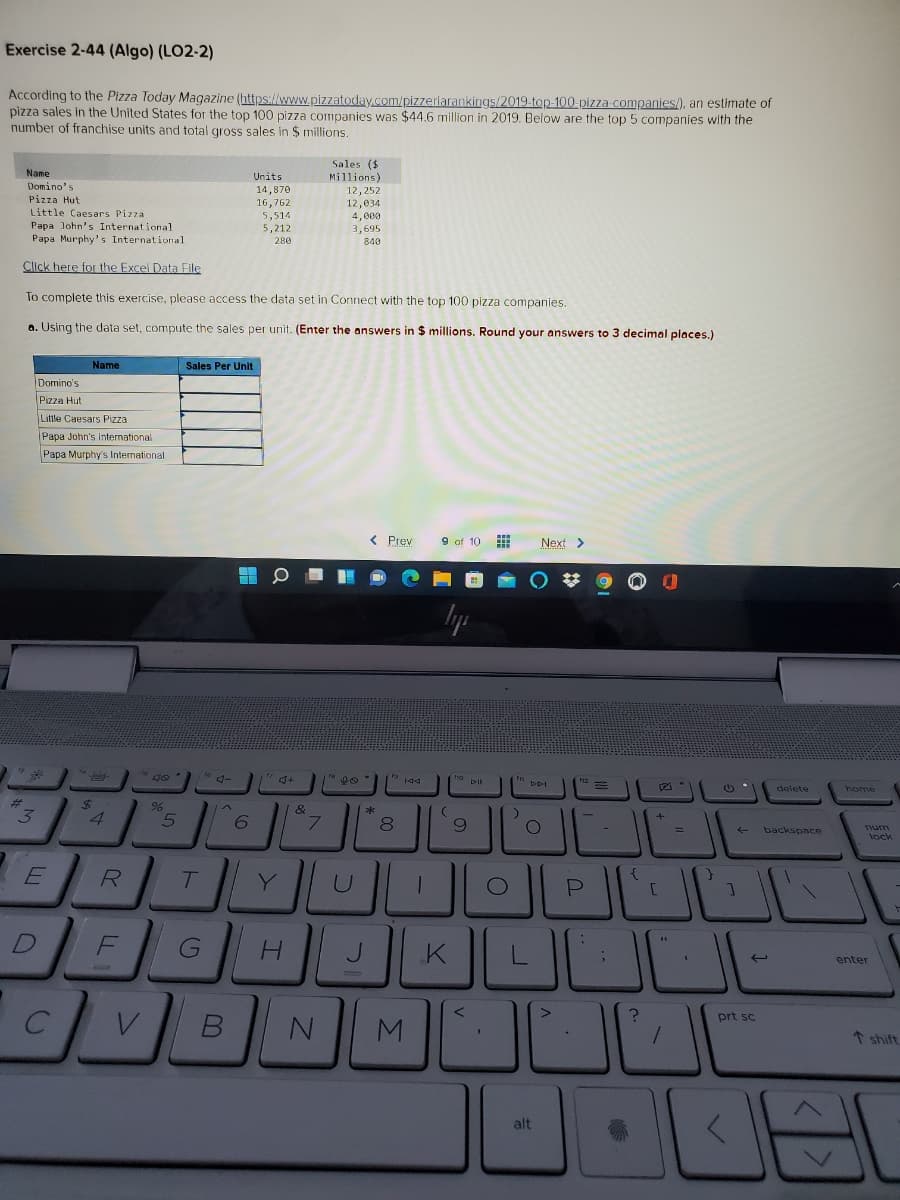 Exercise 2-44 (Algo) (LO2-2)
According to the Pizza Today Magazine (https://www.pizzatoday.com/pizzerlarankings/2019-top-100-pizza companies/), an estimate of
pizza sales in the United States for the top 100 pizza companies was $44.6 million in 2019. Below are the top 5 companies with the
number of franchise units and total gross sales in $ millions.
Sales ($
Millions)
Name
Units
Domino's
Pizza Hut
14,870
16,762
5,514
5,212
12,252
Little Caesars Pizza
Papa John's International
12,034
4,000
3,695
Papa Murphy's International
280
840
Click here for the Excel Data File
To complete this exercise, please access the data set in Connect with the top 100 pizza companies.
a. Using the data set, compute the sales per unit. (Enter the answers in $ millions. Round your answers to 3 decimal places.)
Name
Sales Per Unit
Domino's
Pizza Hut
Little Caesars Pizza
Papa John's International
Papa Murphy's International
< Prev
9 of 10
Next >
no bl
DDI
delete
pome
%24
4
&
L.
8.
backspace
num
lock
Y
U
H.
J.
K
enter
く
prt sc
* shift
alt
ト
