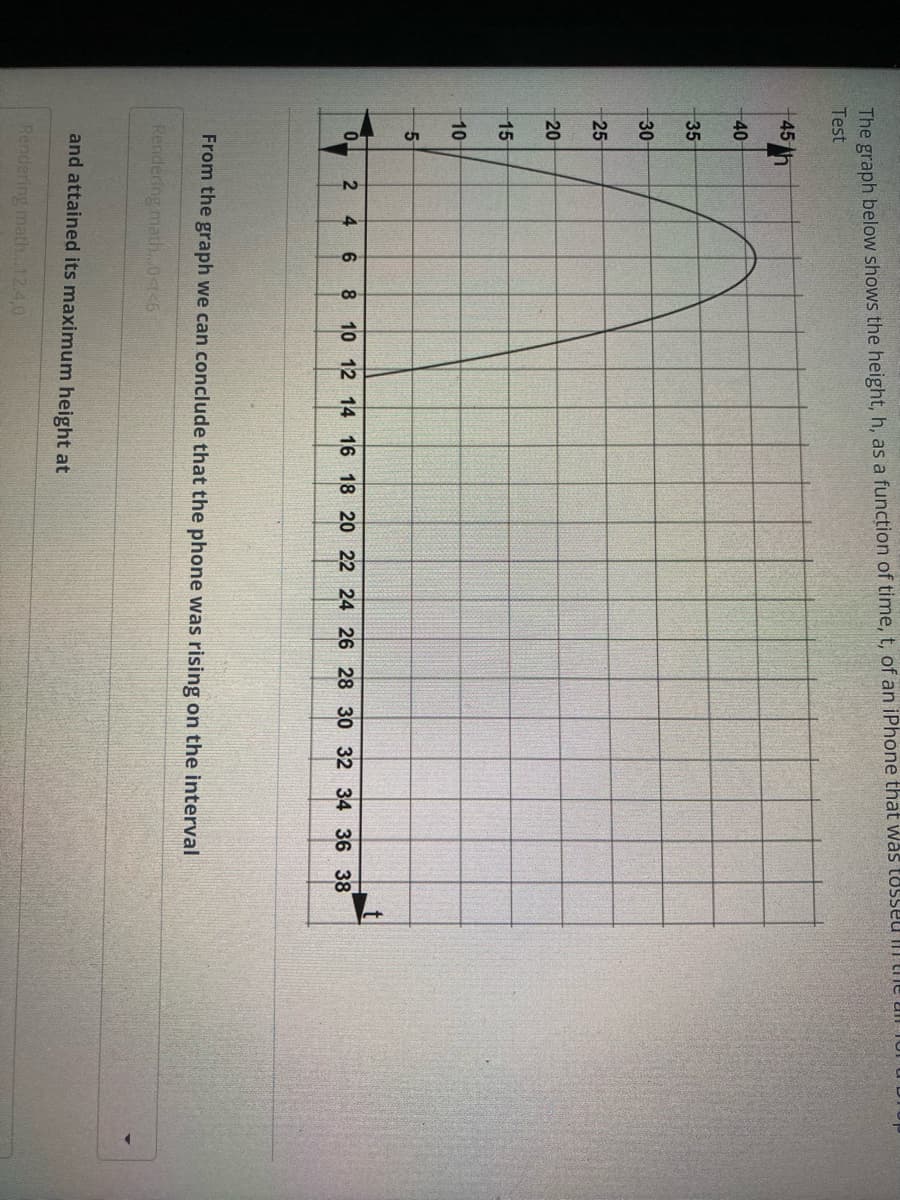 The graph below shows the height, h, as a function of time, t, of an iPhone that was tosseu T LI
Test
45
40
35
30
25
20
15
10
5-
6.
8 10 12 14 16 18 20 22 24 26 28 30 32 34 36 38
From the graph we can conclude that the phone was rising on the interval
Rendering math..0<t<6
and attained its maximum height at
Rendering math...12.4,0
