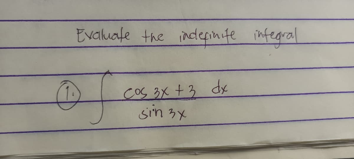 Evaluale the indepinife infegral
cos 3X +3 dx
sin 3x
