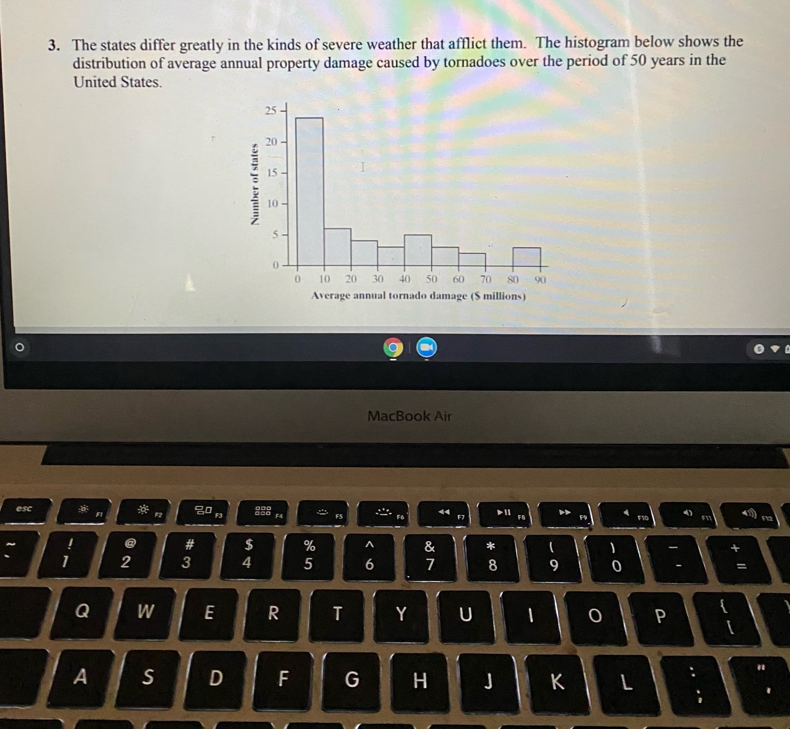 3. The states differ greatly in the kinds of severe weather that afflict them. The histogram below shows the
distribution of average annual property damage caused by tornadoes over the period of 50 years in the
United States.
25
20
15
10
20
30
40
50
60
70
80 90
Average annual tornado damage ($ millions)
Number of states
101
