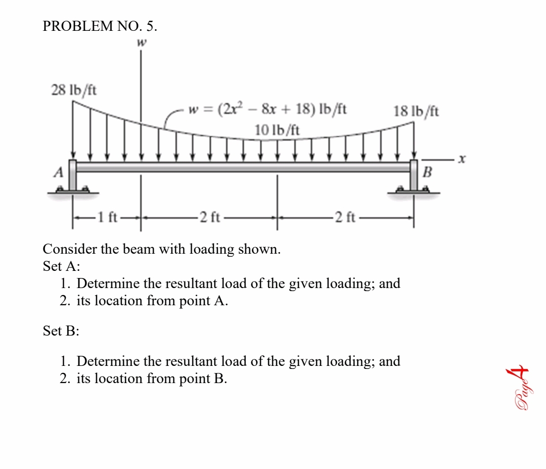 PROBLEM NO. 5.
28 lb/ft
w = (2r² – 8x + 18) lb/ft
10 lb/ft
18 lb/ft
|B
2 ft -
2 ft -
Consider the beam with loading shown.
Set A:
1. Determine the resultant load of the given loading; and
2. its location from point A.
Set B:
1. Determine the resultant load of the given loading; and
2. its location from point B.
PiyĄ
