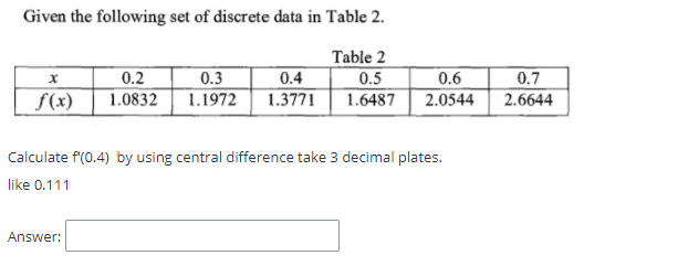 Given the following set of discrete data in Table 2.
Table 2
0.5
1.6487
0.2
0.4
0.3
1.1972
0.6
0.7
S(x)
1.3771
2.0544
2.6644
1.0832
Calculate f(0.4) by using central difference take 3 decimal plates.
like 0.111
Answer:
