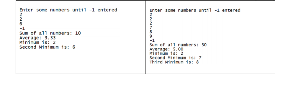 Enter some numbers until -1 entered
Enter some numbers until -1 entered
6
-1
Sum of all numbers: 10
Average: 3. 33
Minimum is: 2
Second Minimum is: 6
Sum of al1 numbers: 30
Average: 5.00
Minimum is: 2
Second Minimum is: 7
Third Mini mum is: 8
