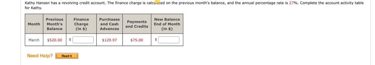 Kathy Hansen has a revolving credit account. The finance charge is calculated on the previous month's balance, and the annual percentage rate is 27%. Complete the account activity table
for Kathy.
Month
March
Previous
Month's
Balance
$520.00
Need Help? Read It
Finance
Charge
(in $)
Purchases
and Cash
Advances
$129.97
Payments
and Credits
$75.00
New Balance
End of Month
(in $)