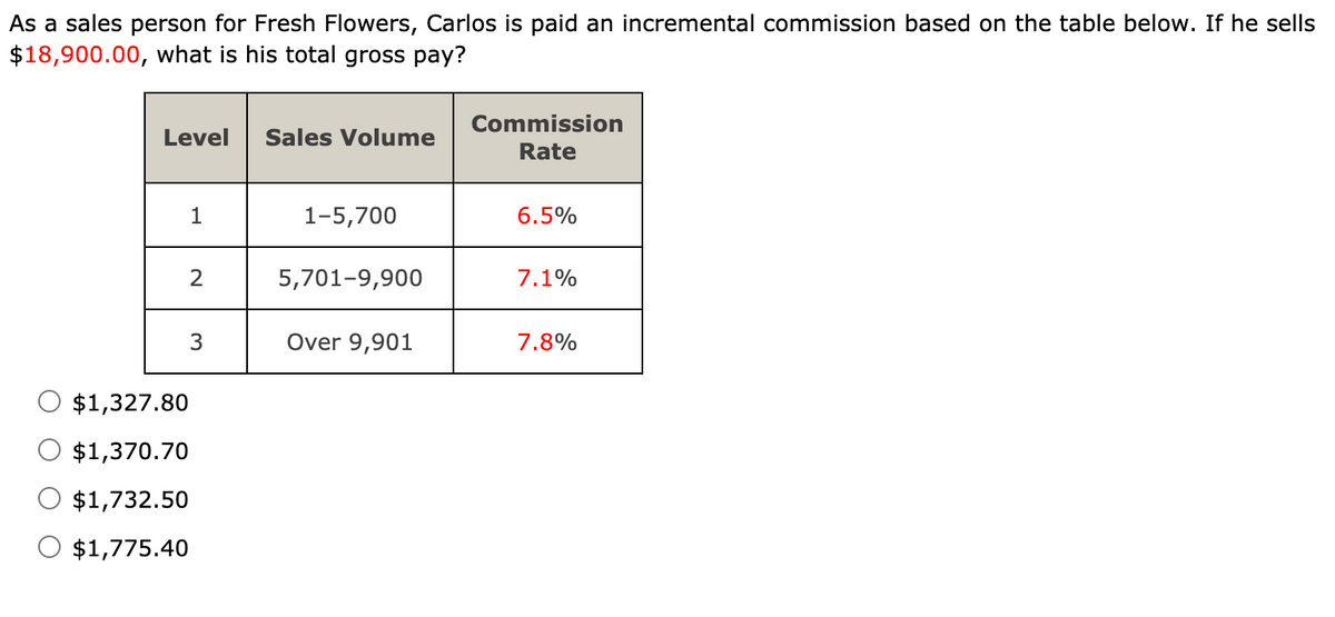 As a sales person for Fresh Flowers, Carlos is paid an incremental commission based on the table below. If he sells
$18,900.00, what is his total gross pay?
Commission
Level
Sales Volume
Rate
1
1-5,700
6.5%
5,701-9,900
7.1%
Over 9,901
7.8%
$1,327.80
$1,370.70
$1,732.50
$1,775.40
