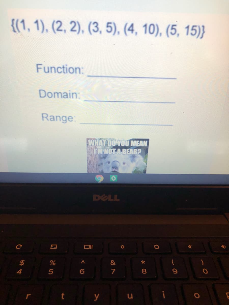 {(1, 1), (2, 2), (3, 5),. (4, 10), (5, 15)}
Function:
Domain:
Range:
WHAT DO YOU MEAN
IM NOT-A BEAR?
DELL
&
4.
7
8
y
