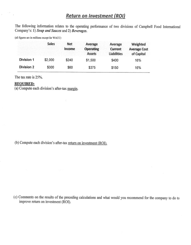 Return on Investment (ROI)
The following information relates to the operating performance of two divisions of Campbell Food International
Company's: 1) Soup and Sauces and 2) Beverages.
(all figures are in millions except for WACC)
Sales
Division 1
Division 2
$2,000
$300
Net
Income
$240
$60
The tax rate is 25%.
REQUIRED:
(a) Compute each division's after-tax margin.
Average
Operating
Assets
$1,500
$375
(b) Compute each division's after-tax return on investment (ROI).
Average
Current
Liabilities
$400
$150
Weighted
Average Cost
of Capital
16%
16%
(c) Comments on the results of the preceding calculations and what would you recommend for the company to do to
improve return on investment (ROI).