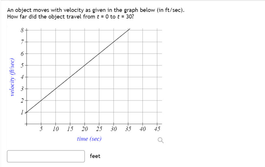 An object moves with velocity as given in the graph below (in ft/sec).
How far did the object travel from t = 0 to t = 30?
velocity (ft/sec)
8+
7
6
2-
5
10 15 20 25
time (sec)
feet
30 35
40
45