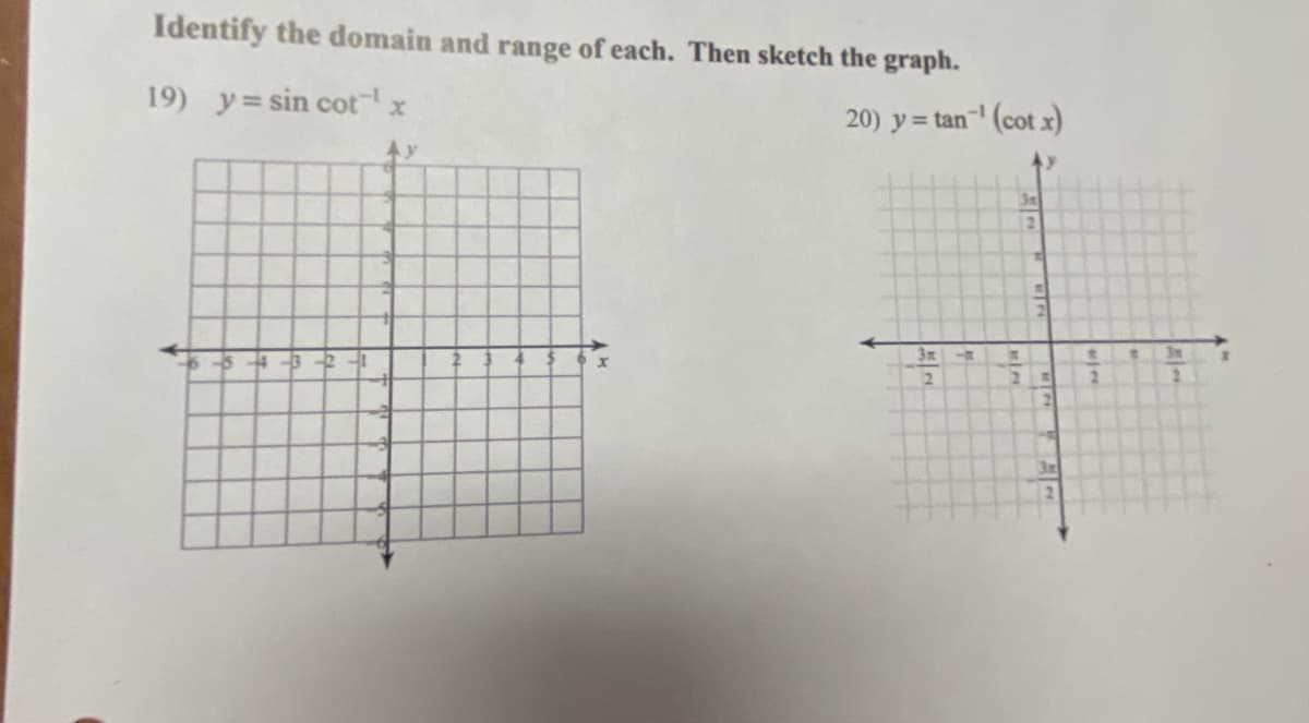 Identify the domain and range of each. Then sketch the graph.
19) y sin cotx
Ay
A>
x
20) y = tan-¹ (cot x)
3x
2
AC
R
2
2
2
2
3r
J
2
u|a
2
2