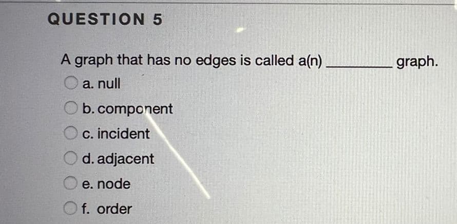 QUESTION 5
A graph that has no edges is called a(n)
graph.
O a. null
b.component
c. incident
O d. adjacent
e. node
f. order
