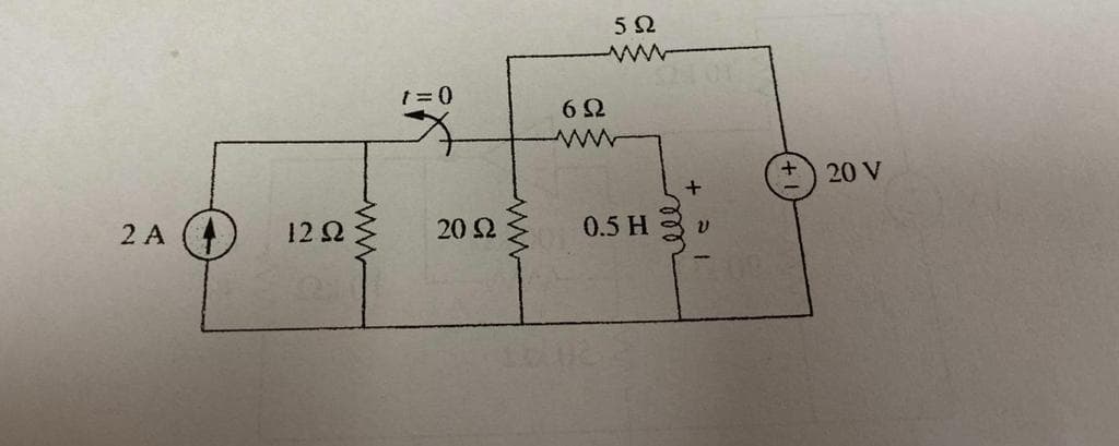 2 Α
12 Ω
Μ
t=0
20 Ω
www
Μ
6Ω
5Ω
www
0.5 H 3
+
ν
+
20 V