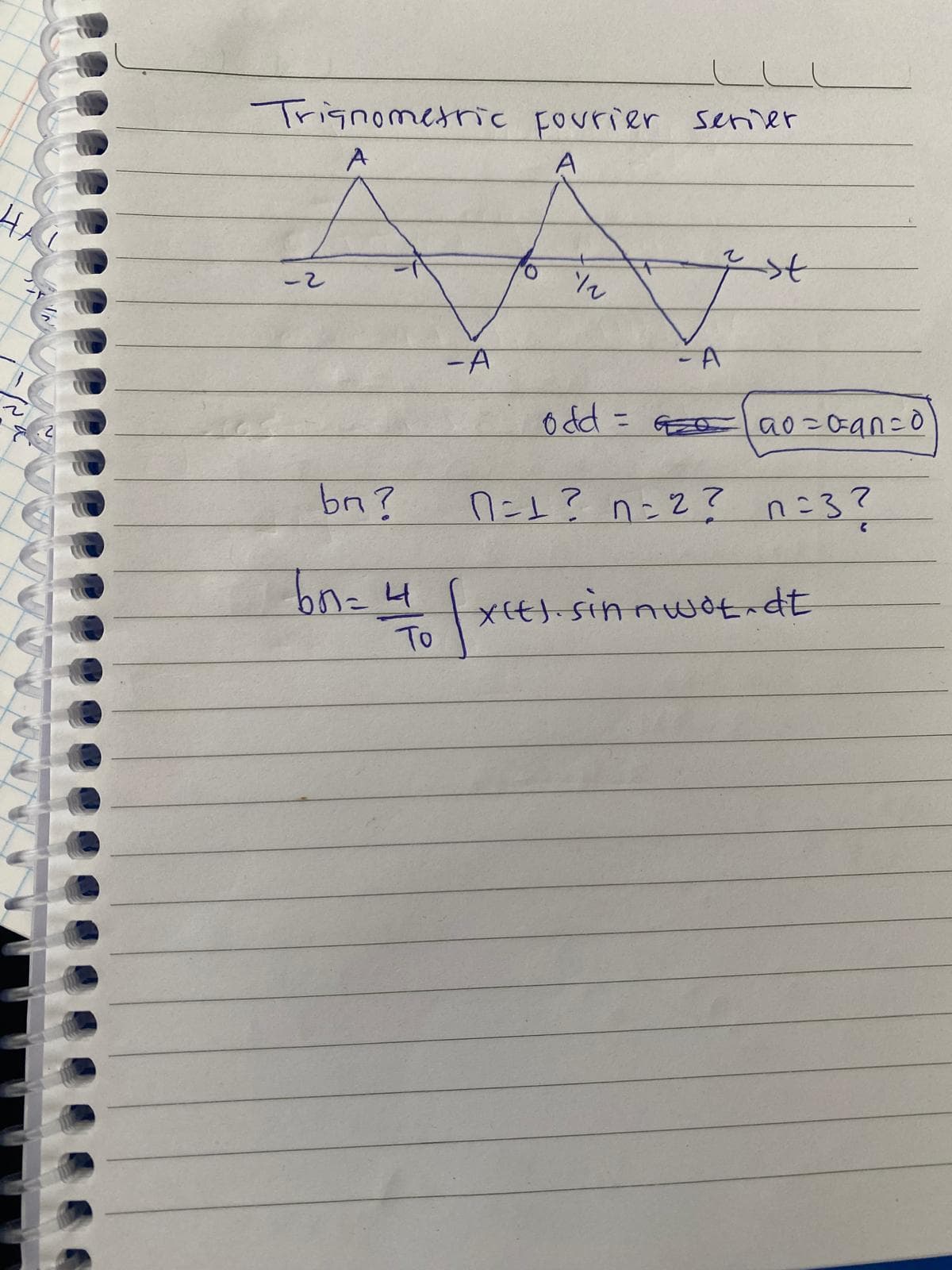 LLL
Trignometric Fourier serier
A
A
-2
bn?
bn=4
-A
Ο
½
-A
odd=a0=σan=0
n=1 ? n=2? n=3?
xit). sin nwot.dt
To
Sxce