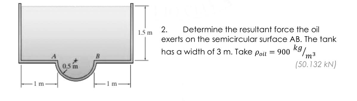 2.
1.5 m
Determine the resultant force the oil
exerts on the semicircular surface AB. The tank
has a width of 3 m. Take Poil
= 900 *9/
m3
(50.132 kN)
0,5 m
1 m
