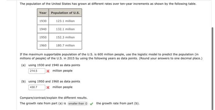 The population of the United States has grown at different rates over ten-year increments as shown by the following table.
Year
Population of U.S.
123.1 million
132.1 million
1930
1940
1950
152.3 million
1960
180.7 million
If the maximum supportable population of the U.S. is 600 million people, use the logistic model to predict the population (in
millions of people) of the U.S. in 2015 by using the following years as data points. (Round your answers to one decimal place.)
(a) using 1930 and 1940 as data points
214.5 x million people
(b) using 1950 and 1960 as data points
430.7 x million people
Compare/contrast/explain the different results.
The growth rate from part (a) is smaller than Ⓒ
the growth rate from part (b).