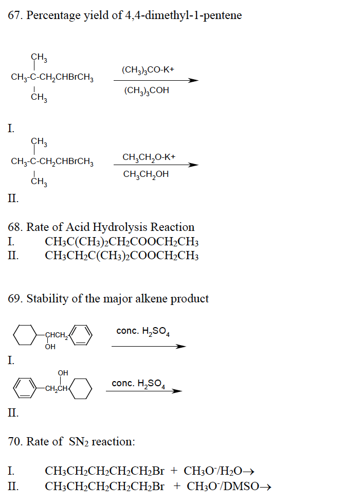 67. Percentage yield of 4,4-dimethyl-1-pentene
CH3
CH3-C-CH₂CHBRCH3
CH₂
I.
CH3
CH3-C-CH₂CHBRCH3
CH₂
II.
68. Rate of Acid Hydrolysis Reaction
I.
CH3C(CH3)2CH₂COOCH₂CH3
CH3CH₂C(CH3)2COOCH₂CH3
II.
I.
69. Stability of the major alkene product
II.
-CHCH₂2
OH
I.
II.
(CH3)3CO-K+
(CH3)3COH
OH
CH₂CH₂O-K+
CH₂CH₂OH
-CH₂CH
conc. H₂SO4
conc. H₂SO4
70. Rate of SN₂ reaction:
CH3CH₂CH₂CH₂CH₂Br + CH3O/H₂O →
CH3CH₂CH₂CH₂CH₂Br + CH3O/DMSO→