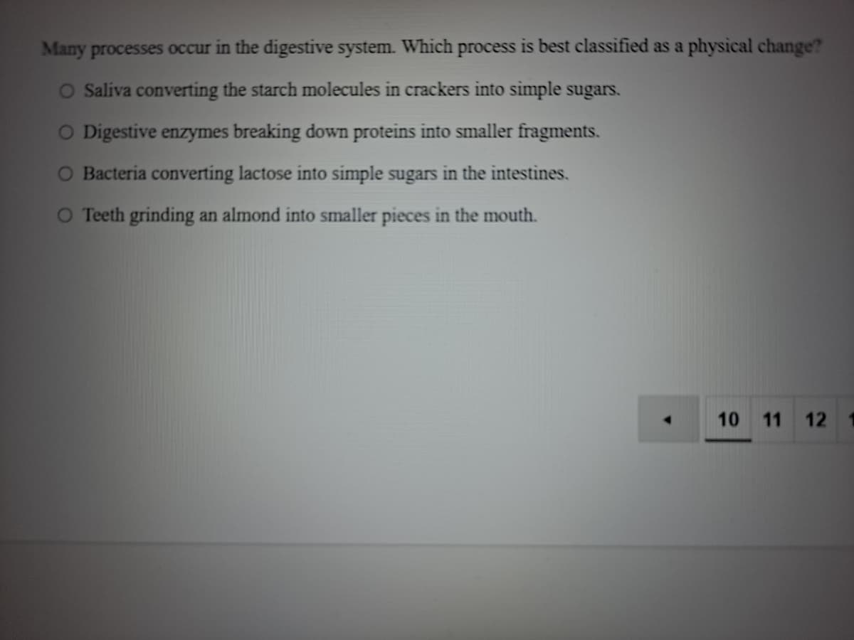 Many processes occur in the digestive system. Which process is best classified as a physical change?
O Saliva converting the starch molecules in crackers into simple sugars.
O Digestive enzymes breaking down proteins into smaller fragments.
O Bacteria converting lactose into simple sugars in the intestines.
O Teeth grinding an almond into smaller pieces in the mouth.
10 11 12
