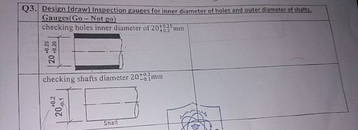 Q3. Design draw) Inspection gauges for inner diameter of holes and outer diameter of shafts.
Gauges(Go- Not go)
checking holes inner diameter of 201 mm
checking shafts diameter 2018mm
-0.11
Shat
+0.25
+0.2
20.01
20.
