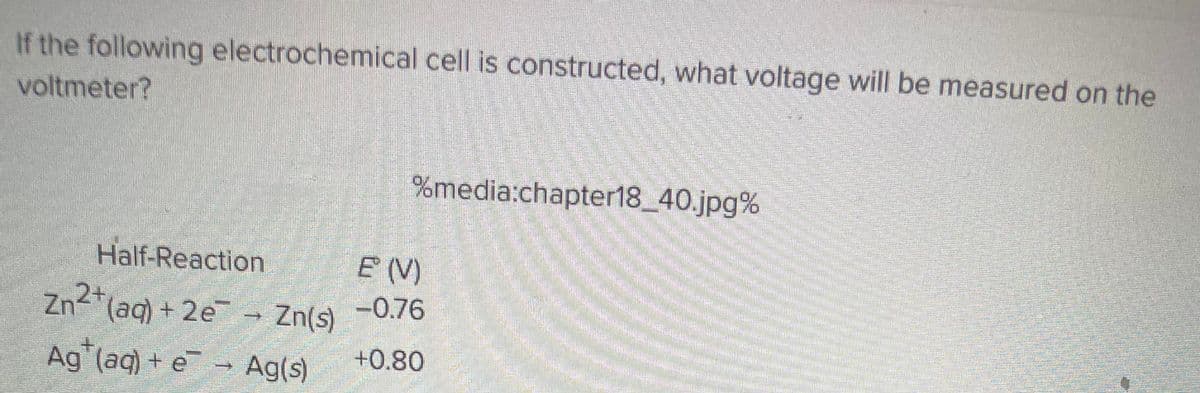 If the following electrochemical cell is constructed, what voltage will be measured on the
voltmeter?
MA
Half-Reaction
Zn2+ (aq) + 2e
Ag (aq) + e
→ Zn(s)
Ag(s)
%media:chapter18_40.jpg%
E (V)
-0.76
+0.80