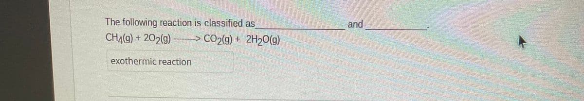 The following reaction is classified as
and
CHĄ(g) + 202(g) -
> CO2(g) +
2H20(g)
exothermic reaction
