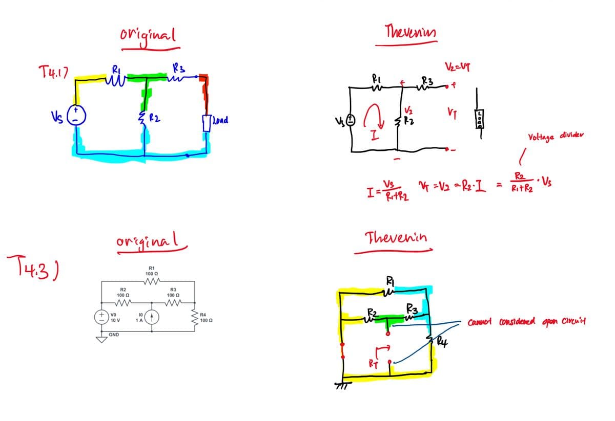 Thevenun
original
VzeUT
R3
Ty17
R3
f
Vs
V2
VI
R2
Voltage dividev
R2
RitR2
• Vs
Vs
Thevenin
origina l
TH3)
R1
100 Q
R2
R3
100 O
100 Q
P3
vo
R4
1 A
100 2
Cannot considened open Civeuit
10 V
GND
