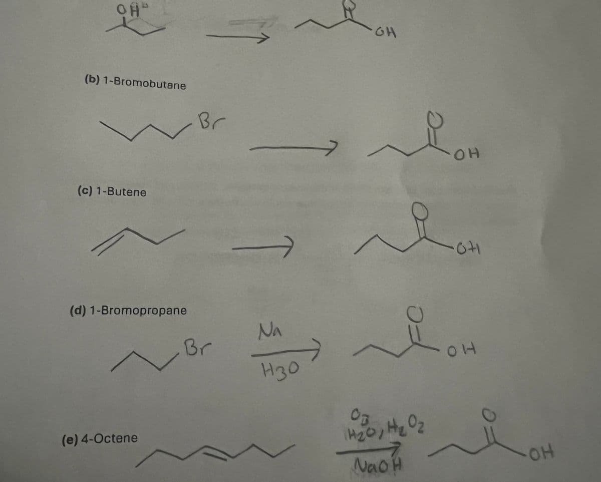 OH
(b) 1-Bromobutane
Br
(c) 1-Butene
(d) 1-Bromopropane
Br
Na
(e) 4-Octene
GH
OH
H30
OH
H20, H₂O₂
NaOH
요
OH