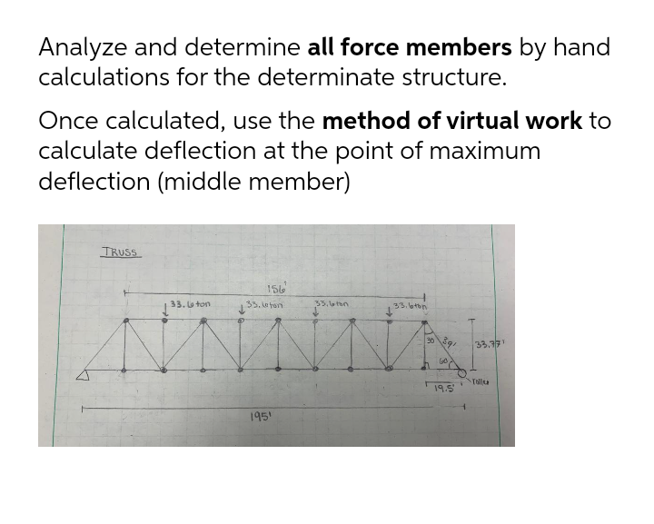 Analyze and determine all force members by hand
calculations for the determinate structure.
Once calculated, use the method of virtual work to
calculate deflection at the point of maximum
deflection (middle member)
TRUSS
156
33. ton
33.lu ton
33, tan
33.6ton
33.77
Tolleu
19.5
195'
