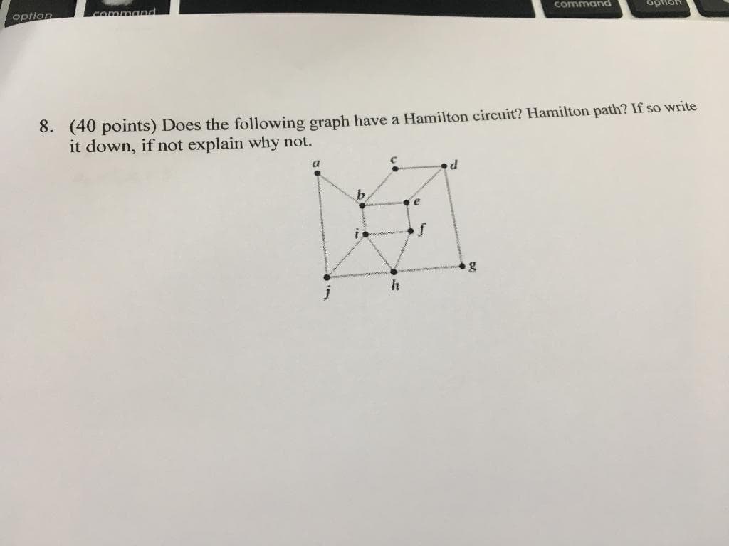 option
command
command
oplion
8. (40 points) Does the following graph have a Hamilton circuit? Hamilton path? If so write
it down, if not explain why not.
a
b.
e
if
