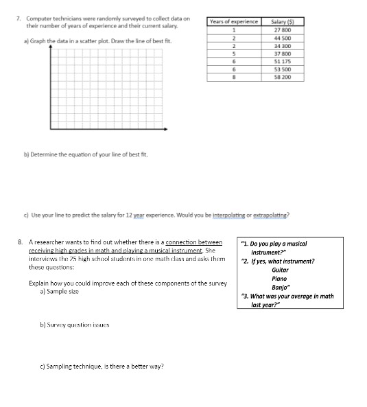 7. Computer technicians were randomly surveyed to collect data on
their number of years of experience and their current salary.
a) Graph the data in a scatter plot. Draw the line of best fit.
Years of experience
b) Determine the equation of your line of best fit.
Salary (5)
1
27 800
2
44 500
2
34 300
5
37 800
6
51 175
6
53 500
8
58 200
c) Use your line to predict the salary for 12 year experience. Would you be interpolating or extrapolating?
8. A researcher wants to find out whether there is a connection between
receiving high grades in math and playing a musical instrument. She
interviews the 25 high school students in one math class and asks them
these questions:
Explain how you could improve each of these components of the survey
a) Sample size
"1. Do you play a musical
instrument?"
"2. If yes, what instrument?
Guitar
Piano
Banjo"
"3. What was your average in math
last year?"
b) Survey question issues
c) Sampling technique, is there a better way?