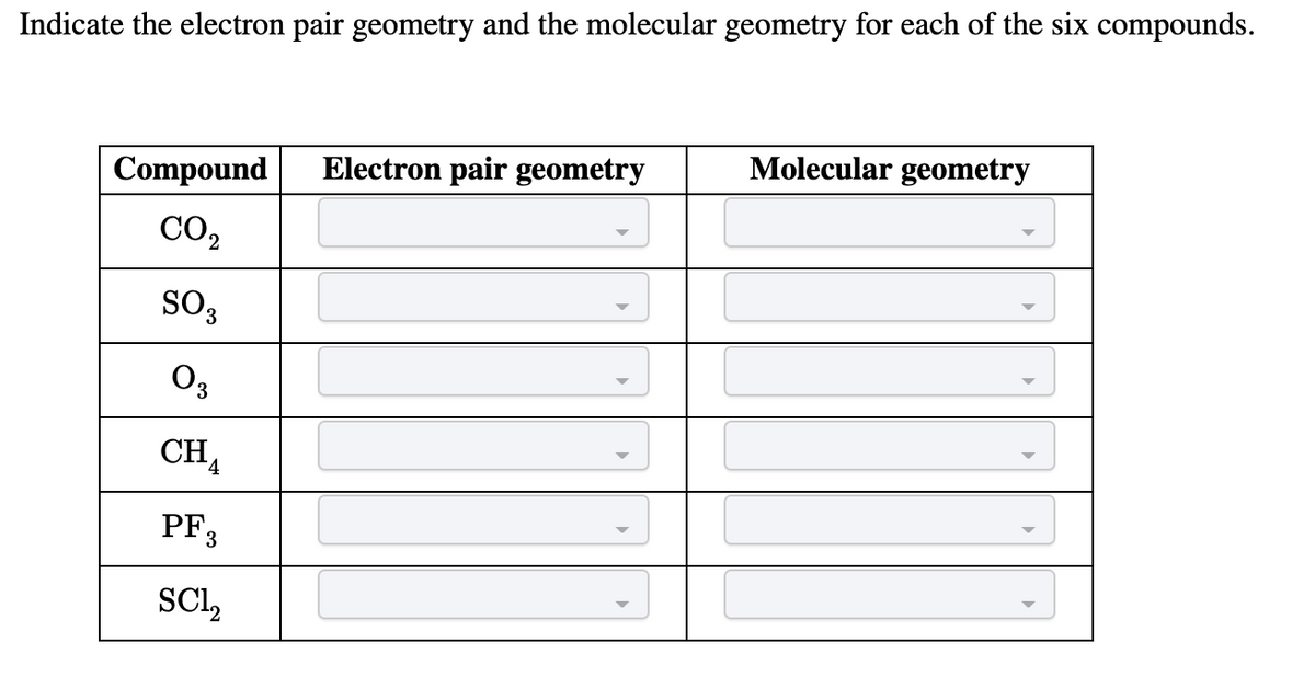 Indicate the electron pair geometry and the molecular geometry for each of the six compounds.
Molecular geometry
Electron pair geometry
Compound
CO2
SO3
O3
CHA
PF3
SC,
