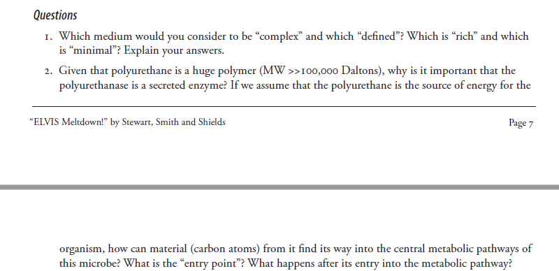 Questions
1. Which medium would you consider to be "complex" and which "defined"? Which is "rich" and which
is “minimal"? Explain your answers.
2. Given that polyurethane is a huge polymer (MW >>100,000 Daltons), why is it important that the
polyurethanase is a secreted enzyme? If we assume that the polyurethane is the source of energy for the
"ELVIS Meltdown!" by Stewart, Smith and Shields
Page 7
organism, how can material (carbon atoms) from it find its way into the central metabolic pathways of
this microbe? What is the "entry point"? What happens after its entry into the metabolic pathway?
