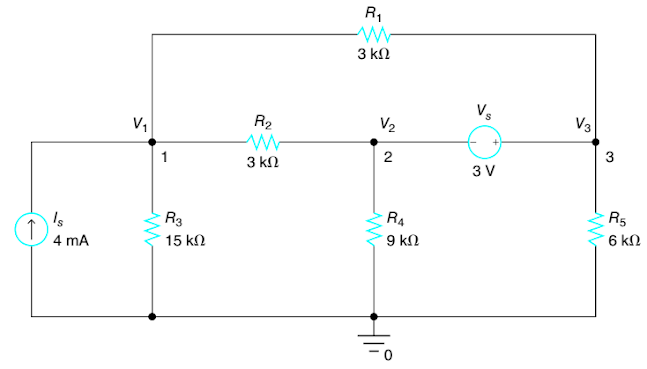 R1
3 kN
v,
R2
V2
V3
2
3
1
3 ΚΩ
3 V
R5
6 ΚΩ
Is
R3
R4
4 mA
15 kN
9 kN
