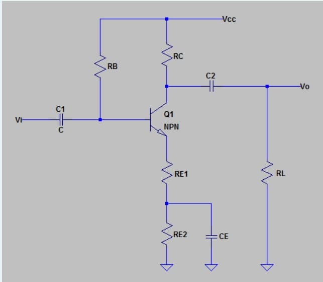 Vi-
C1
C
RB
RC
Q1
NPN
RE1
RE2
C2
-Vcc
= CE
RL
-Vo