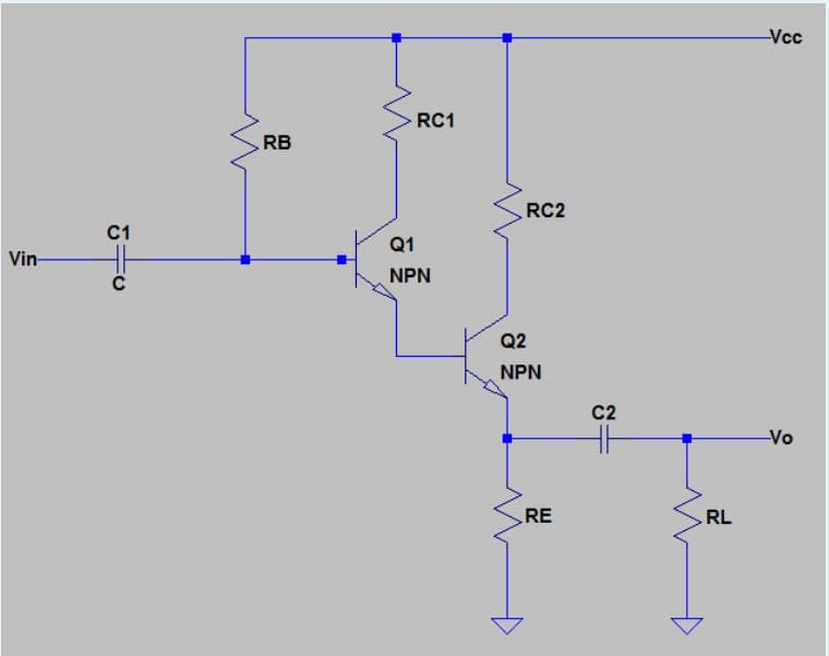 Vin-
C1
C
RB
RC1
Q1
NPN
RC2
Q2
NPN
RE
C2
RL
-Vcc
-Vo