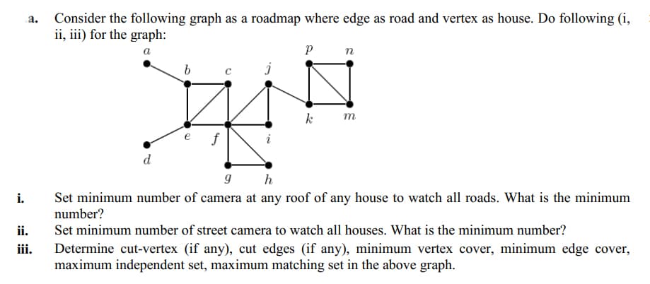 Consider the following graph as a roadmap where edge as road and vertex as house. Do following (i,
ii, iii) for the graph:
а
n
b
k
m
f
d
h
Set minimum number of camera at any roof of any house to watch all roads. What is the minimum
number?
i.
ii.
Set minimum number of street camera to watch all houses. What is the minimum number?
Determine cut-vertex (if any), cut edges (if any), minimum vertex cover, minimum edge cover,
maximum independent set, maximum matching set in the above graph.
iii.
