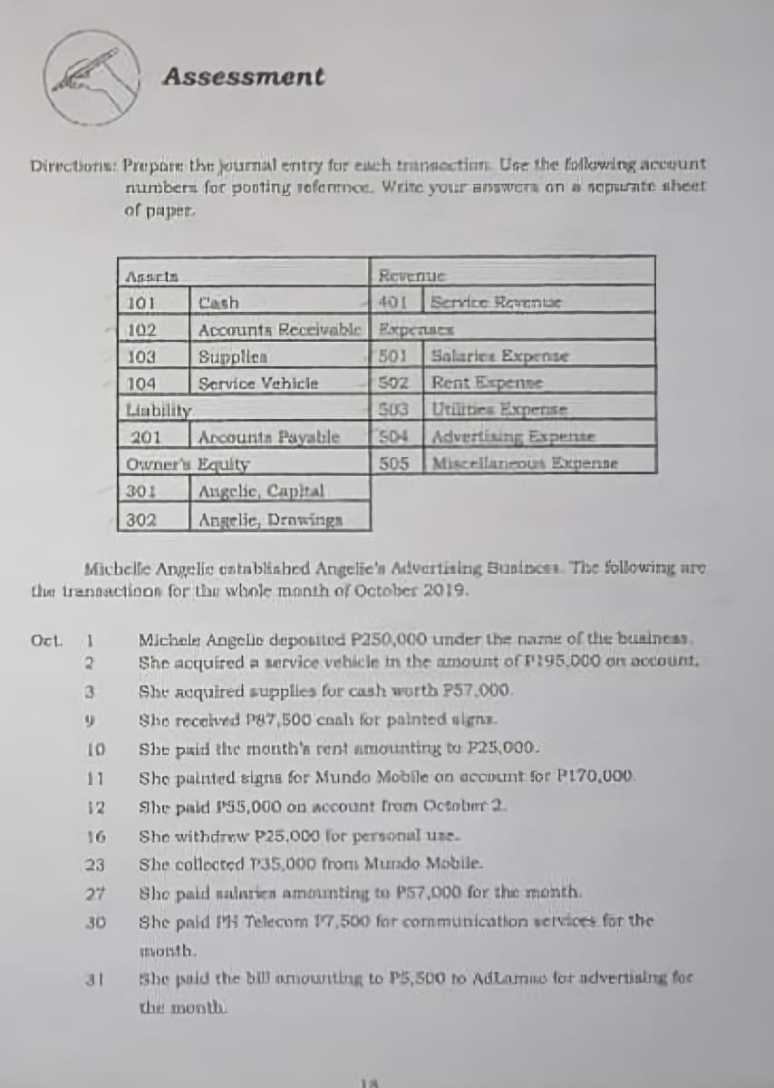 Assessment
Directionis: Prepare tht journal entry fur ech trannactiun Use the follewing account
rumbers for pooting vofarmmoc. Write your anawora on a noprate sheet
of paper.
Ansria
Revenue
101
Cash
401
Service Roventae
102
Accounts Reccivable ExpenLeK
501
Salarice Expense
Rent Expenne
S03 Utlities Experse
S04 Advertisinng Expense
Miscellaneous Expenne
103
Supplica
104
Service Vahicie
502
Linbility
201
Arcounta Payaıle
Owner's Equity
505
Angelie, Capital
Angelie, Drowingn
301
302
Micbelle Angelie catabliahed Angelie'n Advartiaing Buoiness. The following are
that trandactionn for the whole month of October 2019.
Michele Angclic deposited P250,000 under the name of the buaines
She aoquired a service vebkcln in the amount of F195,000 an aocount.
Ot
1.
She aoquired supplles for cash worth P57.000.
Sho recolved Pg7,500 coalı for palnted ulgna.
10
Sho paid the nonth'a rent amounting to P25,000.
11
Sho pulnted signa for Mundo Mobile an accDunt for P170,000.
12
She pald PS5,000 on account from October 2.
16
Sho withdrew P25,000 for personul uze.
23
She collected P35,000 Trom Mundo Mobile.
27
Sho paid nalnries amounting to P57,000 for the month.
30
She paid MH Telecom 17,500 for communication services for the
31
She juid the bUl amowntbg to P5,S00 to AdLams for advertialng for
the month
