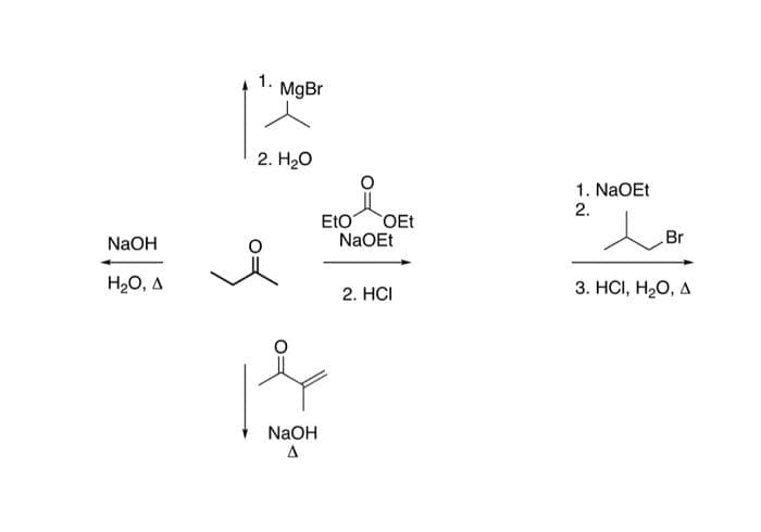 1.
MgBr
2. Нао
1. NaOEt
2.
EtO
OEt
NaOH
NaOEt
Br
H20, A
3. НС, Н-О, д
2. HCI
NaOH
A
