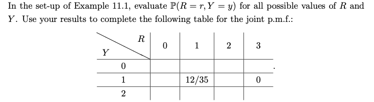 In the set-up of Example 11.1, evaluate P(R = r, Y = y) for all possible values of R and
Y. Use your results to complete the following table for the joint p.m.f.:
R
1
2
3
Y
1
12/35
2.
