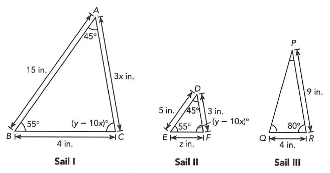 45°
15 in.
3x in.
9 in.
5 in. /45 3 in.
(y-10x)°
55°
(y – 10x)°,
55°
80°
EK
F
QK
HR
4 in.
z in.
4 in.
Sail I
Sail II
Sail III
