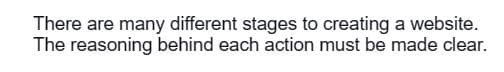 There are many different stages to creating a website.
The reasoning behind each action must be made clear.