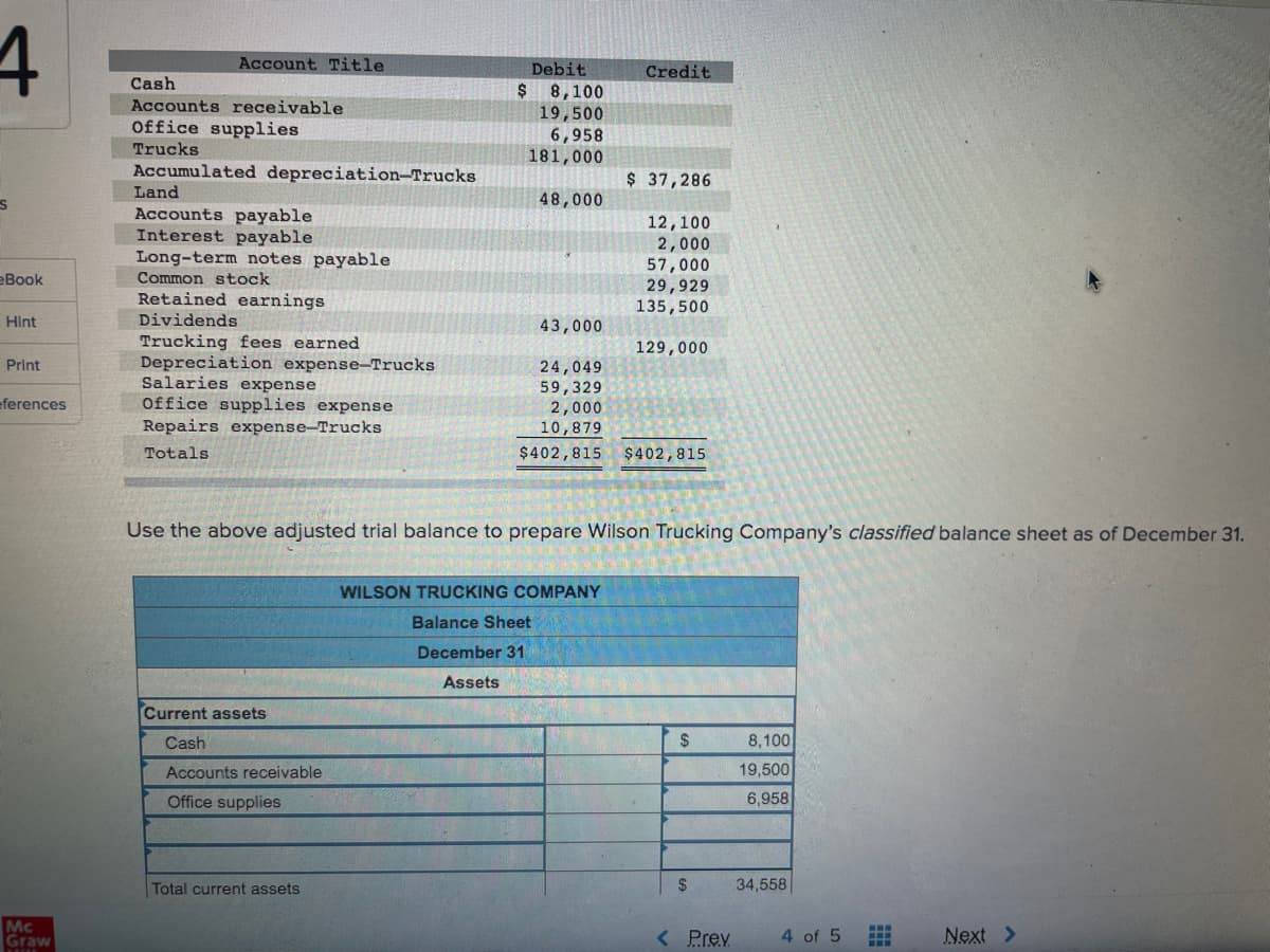 4
Account Title
Debit
Credit
Cash
Accounts receivable
Office supplies
Trucks
8,100
19,500
6,958
181,000
Accumulated depreciation-Trucks
$ 37,286
Land
48,000
Accounts payable
Interest payable
Long-term notes payable
Common stock
Retained earnings
12,100
2,000
57,000
29,929
135,500
eBook
Hint
Dividends
43,000
Trucking fees earned
Depreciation expense-Trucks
Salaries expense
Office supplies expense
129,000
Print
24,049
59,329
2,000
10,879
ferences
Repairs expense-Trucks
Totals
$402,815
$402,815
Use the above adjusted trial balance to prepare Wilson Trucking Company's classified balance sheet as of December 31.
WILSON TRUCKING COMPANY
Balance Sheet
December 31
Assets
Current assets
Cash
2$
8,100
Accounts receivable
19,500
Office supplies
6,958
Total current assets
2$
34,558
Mc
Graw
( Prev
Next >
4 of 5
