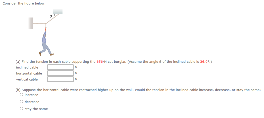 Consider the figure below.
0
(a) Find the tension in each cable supporting the 656-N cat burglar. (Assume the angle of the inclined cable is 36.0°.)
inclined cable
N
horizontal cable
N
vertical cable
N
(b) Suppose the horizontal cable were reattached higher up on the wall. Would the tension in the inclined cable increase, decrease, or stay the same?
O increase
O decrease
O stay the same