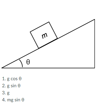 1. g cos 0
2. g sin 0
3. g
4. mg sin e
