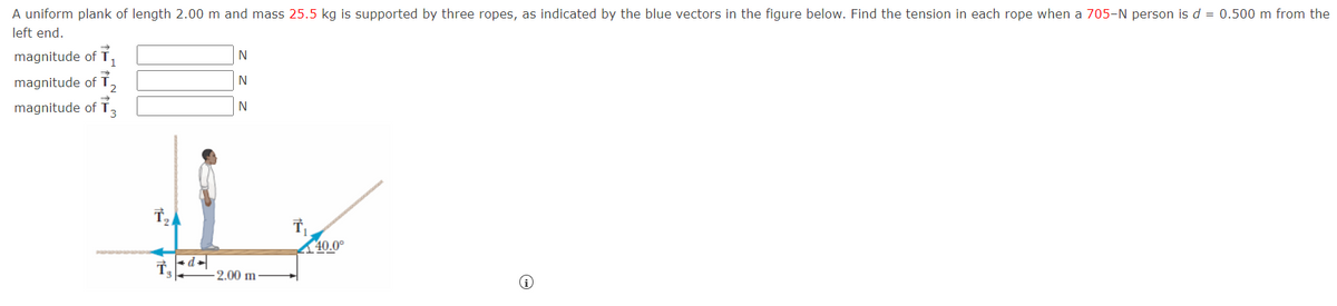 A uniform plank of length 2.00 m and mass 25.5 kg is supported by three ropes, as indicated by the blue vectors in the figure below. Find the tension in each rope when a 705-N person is d = 0.500 m from the
left end.
magnitude of ₁
magnitude of 2
magnitude of 3
N
N
N
L
-2.00 m-
T
40.0⁰