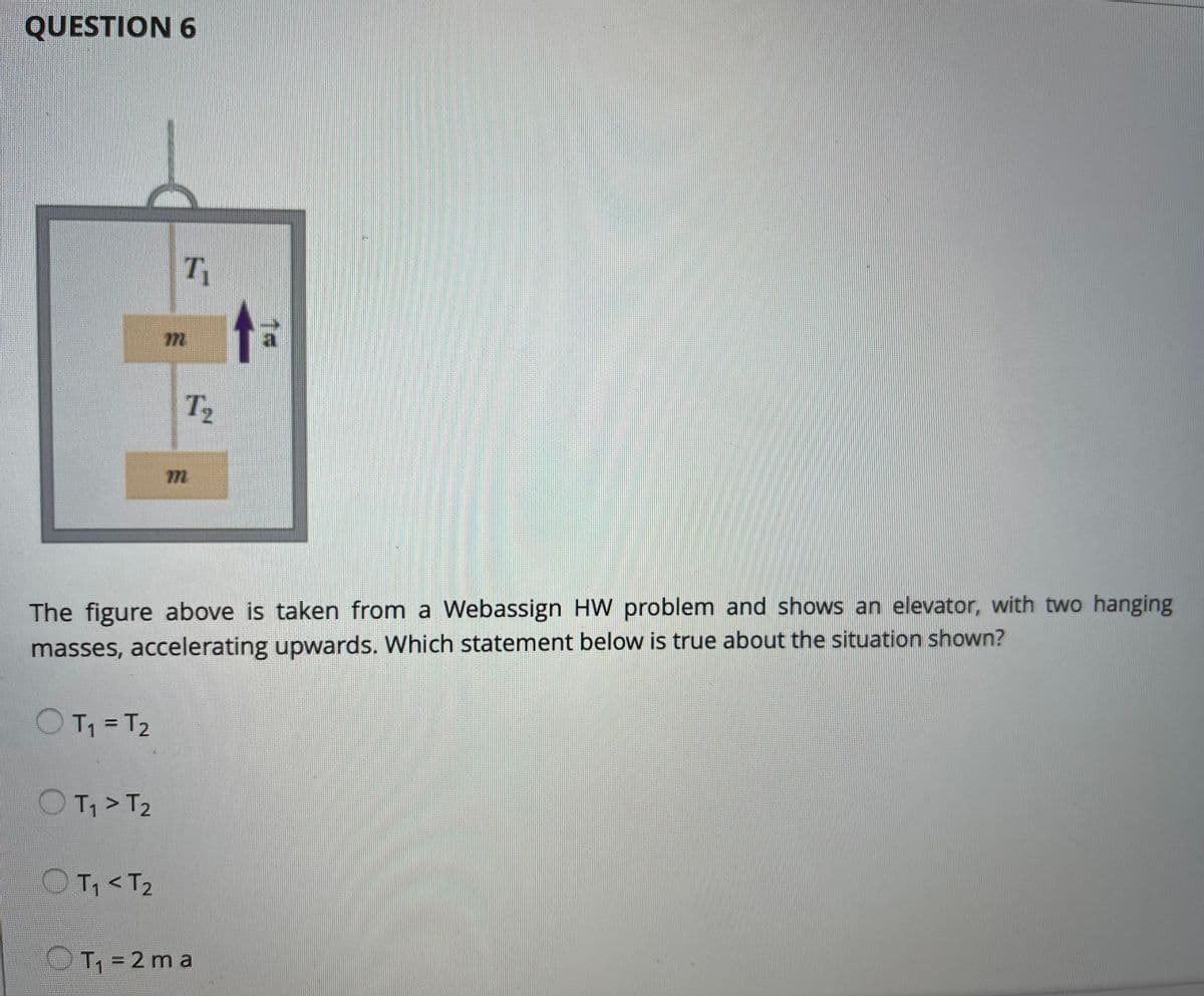 QUESTION 6
T
72
T2
The figure above is taken from a Webassign HW problem and shows an elevator, with two hanging
masses, accelerating upwards. Which statement below is true about the situation shown?
OT, = T2
OT,>T2
OT, <T2
OT,= 2 ma
