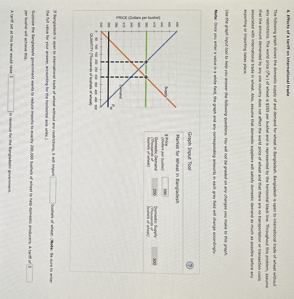 4. Effects of a tariff on international trade
The following graph shows the domestic supply of and demand for wheat in Bangladesh. Bangladesh is open to international trade of wheat without
any restrictions. The world price (Pw) of wheat is $265 per bushel and is represented by the horizontal black line. Throughout this problem, assume
that the amount demanded by any one country does not affect the world price of wheat and that there are no transportation or transaction costs
associated with international trade in wheat. Also, assume that domestic suppliers will satisfy domestic demand as much as possible before any
exporting or importing takes place.
Use the graph input tool to help you answer the following questions. You will not be graded on any changes you make to this graph.
Note: Once you enter a value in a white field, the graph and any corresponding amounts in each grey field will change accordingly.
PRICE (Dollars per bushel)
Graph Input Tool
Market for Wheat in Bangladesh
(?)
490
465
Supply
Price
390
(Dollars per bushel)
440
Domestic Demand
(Thousands of
bushels of wheat)
200
Domestic Supply
(Thousands of
bushels of wheat)
300
415
390
365
340
315
290
265
240
0
Demand
P
W
50 100 150 200 250 300 350 400 450 500
QUANTITY (Thousands of bushels of wheat)
If Bangladesh is open to international trade of wheat without any restrictions, it will import
the full value for your answer, accounting for the horizontal axis units.)
bushels of wheat. (Note: Be sure to enter
Suppose the Bangladeshi government wants to reduce imports to exactly 200,000 bushels of wheat to help domestic producers. A tariff of $
per bushel will achieve this.
A tariff set at this level would raise $
in revenue for the Bangladeshi government.