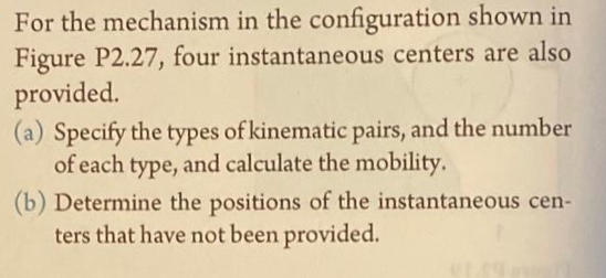 For the mechanism in the configuration shown in
Figure P2.27, four instantaneous centers are also
provided.
(a) Specify the types of kinematic pairs, and the number
of each type,
and calculate the mobility.
(b) Determine the positions of the instantaneous cen-
ters that have not been provided.
