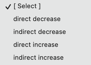✔ [ Select]
direct decrease
indirect decrease
direct increase
indirect increase