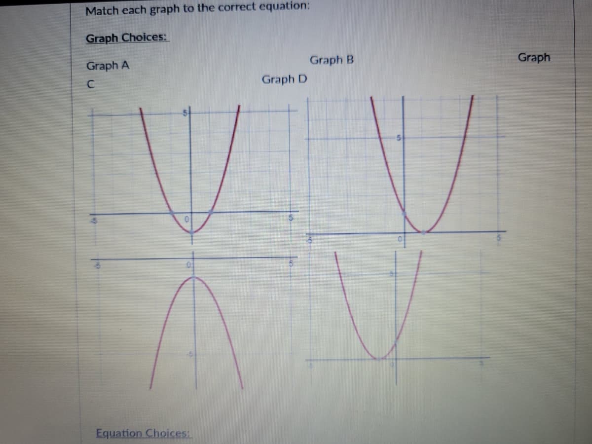 Match each graph to the correct equation:
Graph Choices:
Graph A
Graph B
Graph
Graph D
Equation Choices:
